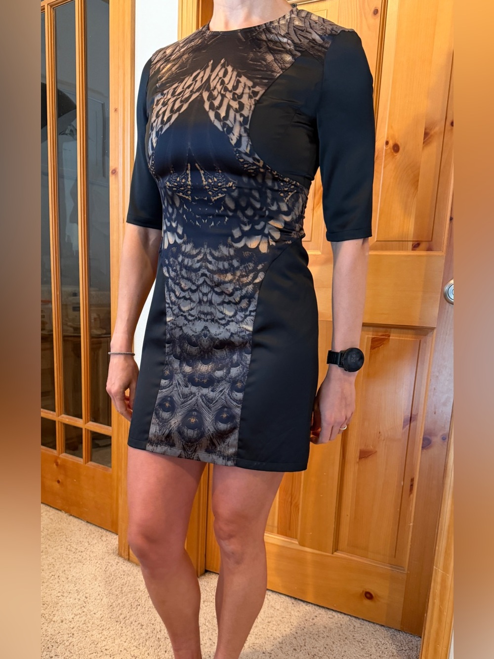 AllSaints Black Feather-Print Mini Dress small 6